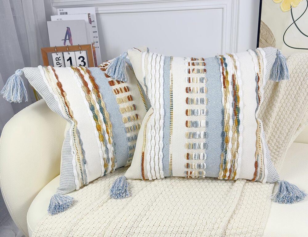 7332 Boho Throw Pillow Covers 16x16 Aesthetic Neutral Boucle Couch Pillow